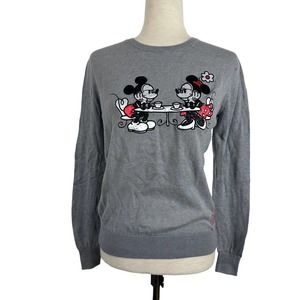 Disney Parks Authentic Sweater Women Small Gray Mickey Minnie Applique Crewneck